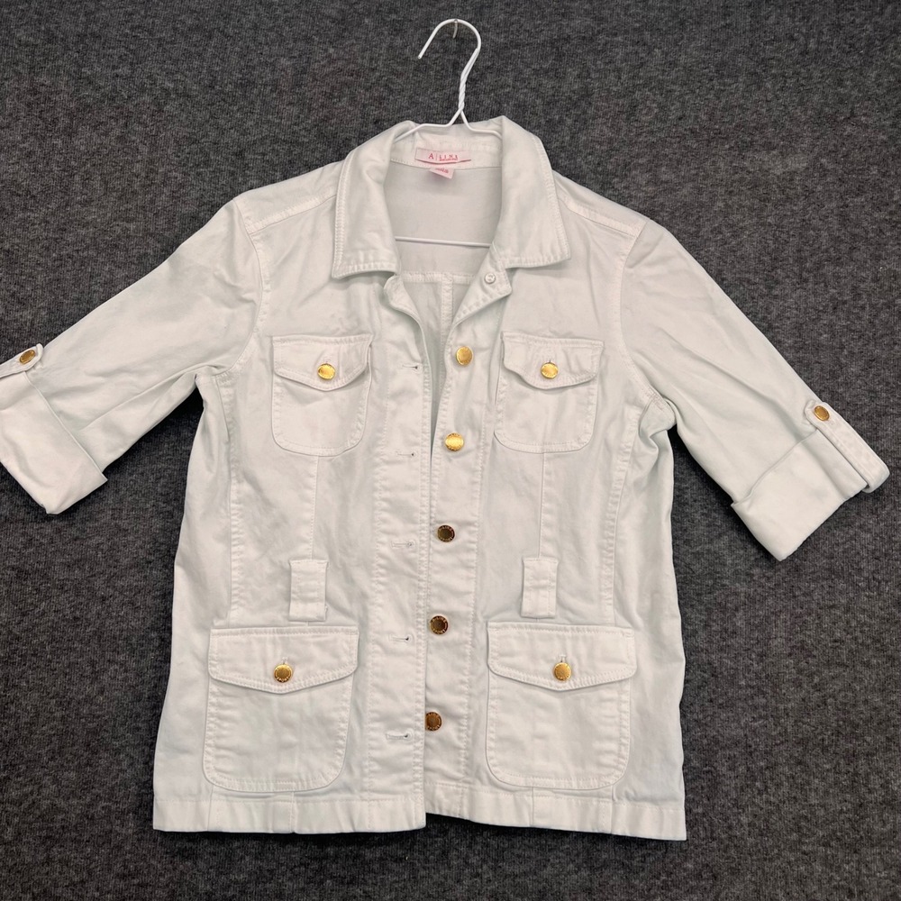 Anne Klein Sport A Line White Utility Jacket Gold Buttons Size 4 Safari Style